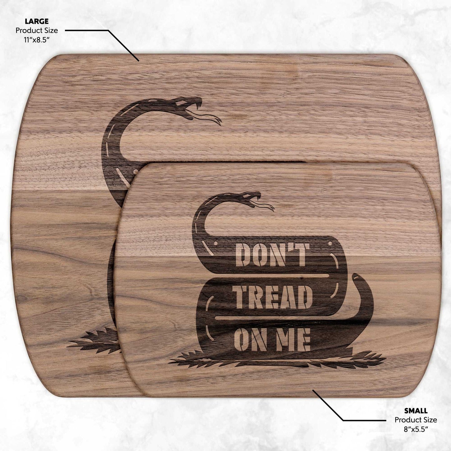Don't Tread On Me Snake Hardwood Oval Cutting Boards in Maple or Walnut