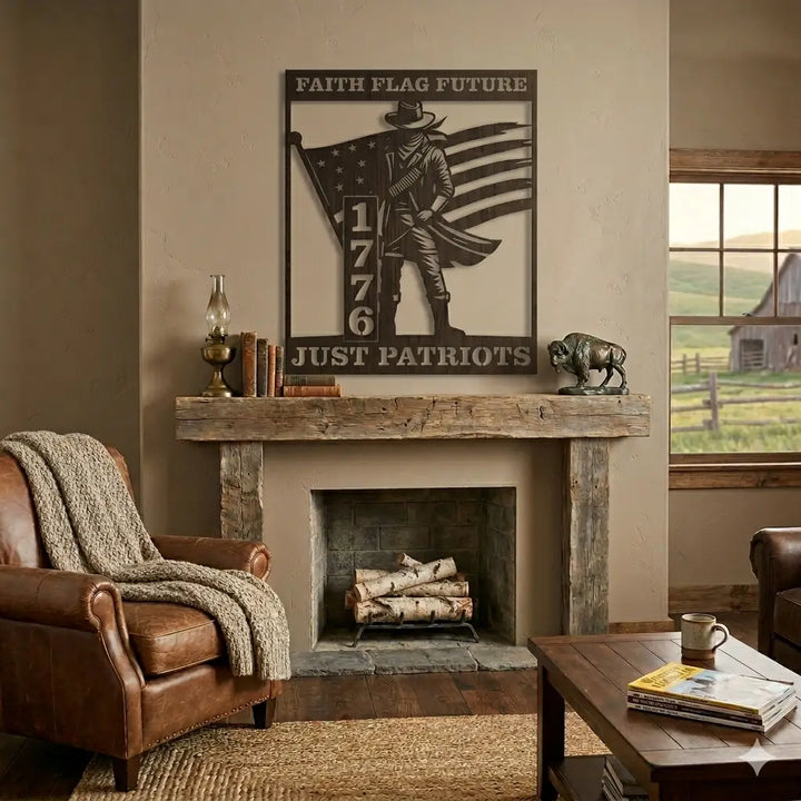 Living room with a fireplace, brown armchair, and decorative wall art.