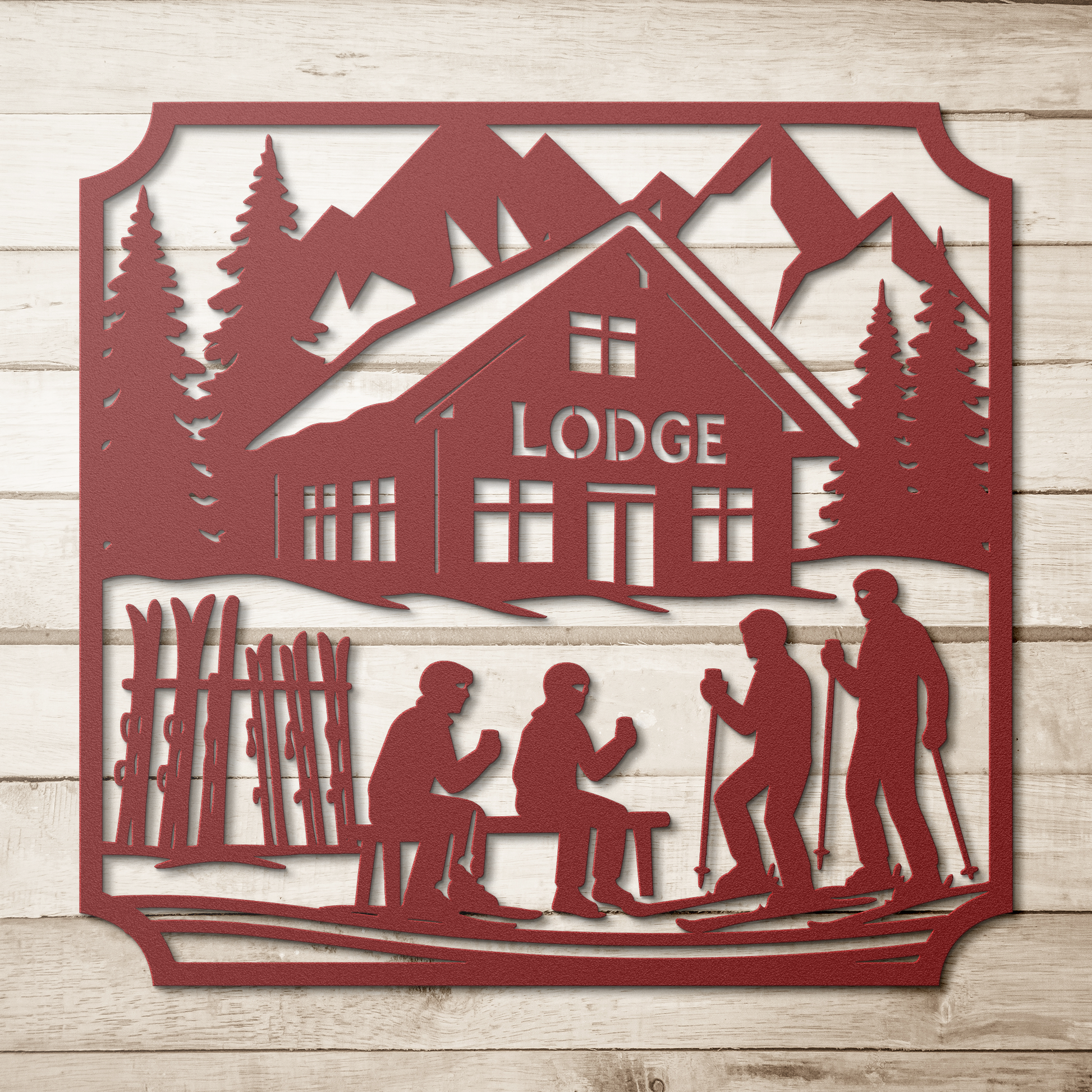 Lunch_at_the_Lodge_Metal_Wall_Art_Red_Simple_Wood_BKGD_Mockup.png