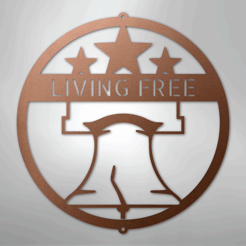 Copper metal wall art featuring a circular design with a Liberty Bell, three stars, and "LIVING FREE.