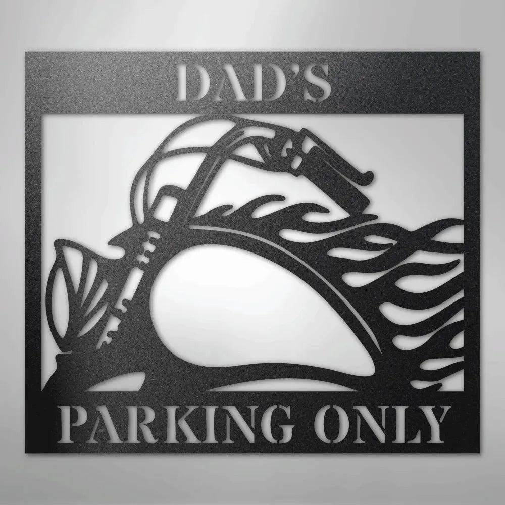 Black steel "Dad's Parking Only" sign featuring a vintage motorcycle silhouette with flame details.