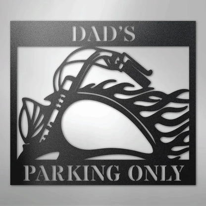 Black steel "Dad's Parking Only" sign featuring a vintage motorcycle silhouette with flame details.