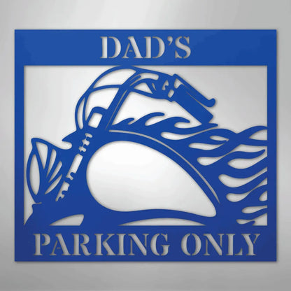 Blue steel "Dad's Parking Only" sign with a classic motorcycle silhouette and flame design.