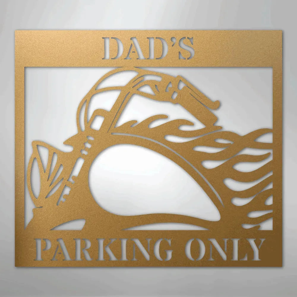 Gold steel "Dad's Parking Only" sign featuring a classic motorcycle silhouette with flame details.
