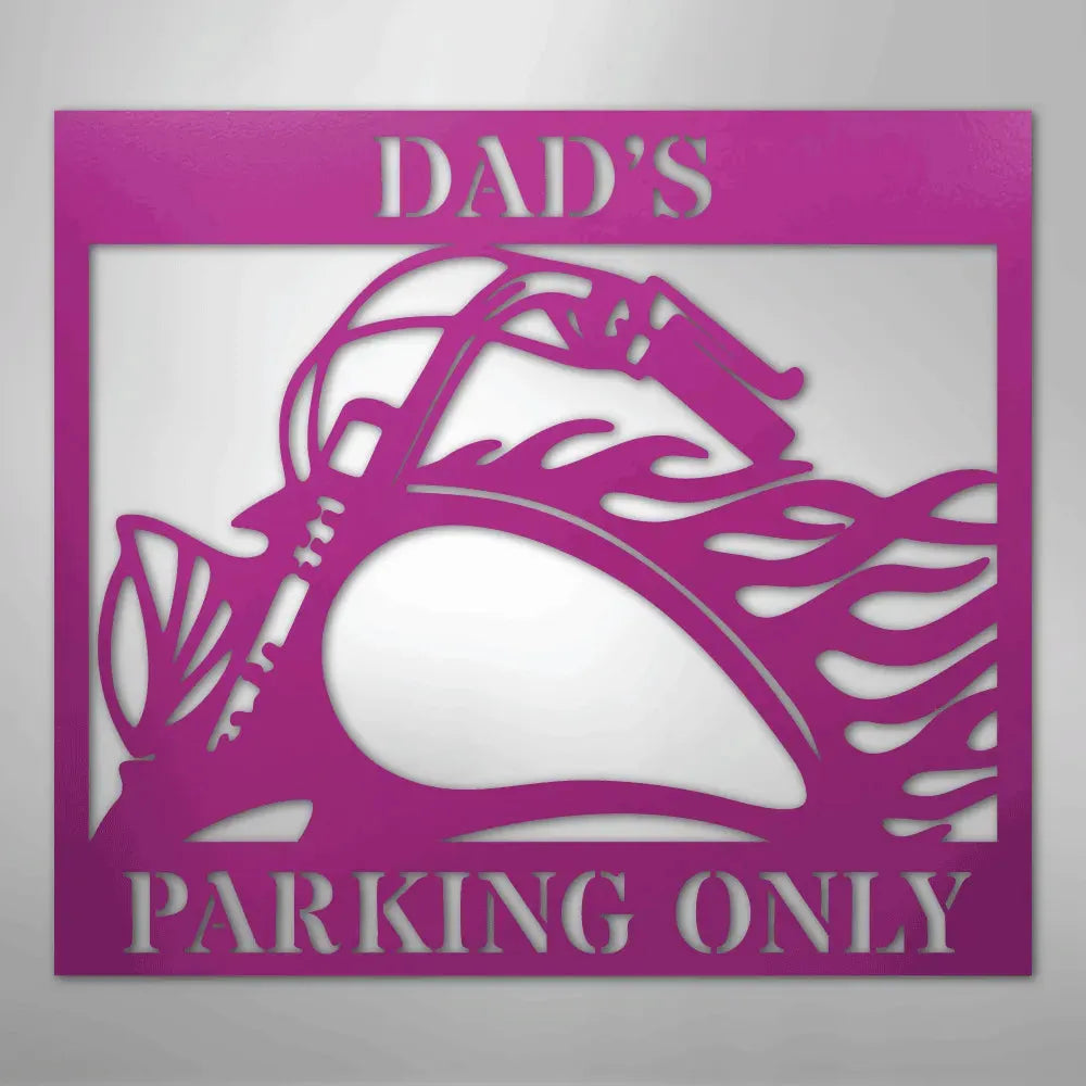 Pink steel "DAD'S PARKING ONLY" sign with a classic motorcycle and flame design.
