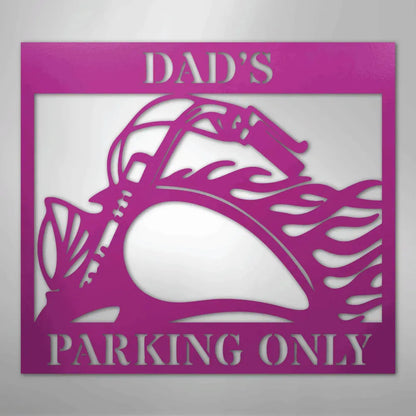 Pink steel "DAD'S PARKING ONLY" sign with a classic motorcycle and flame design.