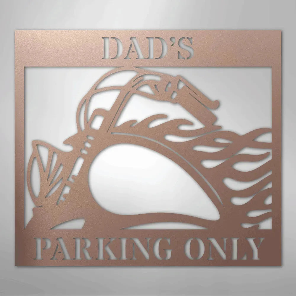 Copper steel "Dad's Parking Only" sign with a vintage motorcycle silhouette and flame design.
