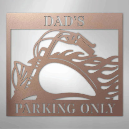 Copper steel "Dad's Parking Only" sign with a vintage motorcycle silhouette and flame design.