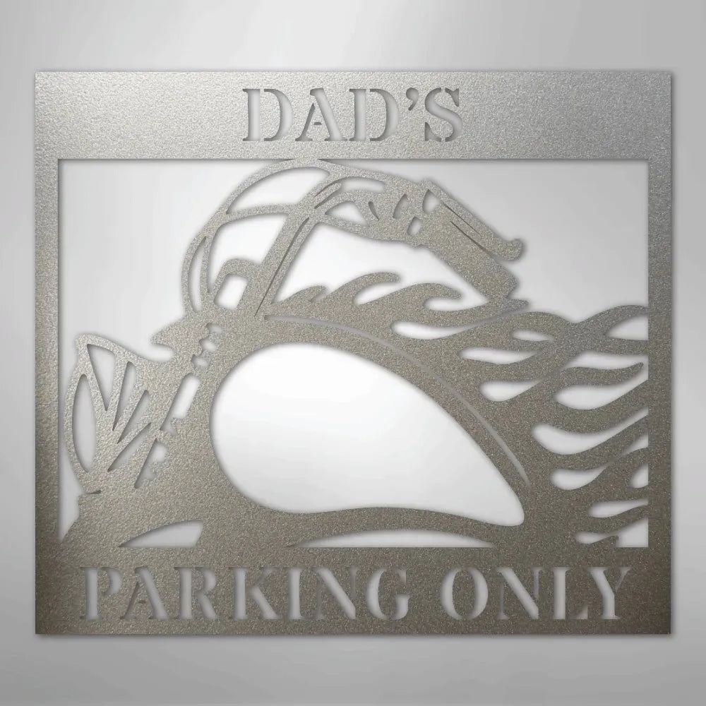 Silver steel "Dad's Parking Only" sign with a classic motorcycle design.