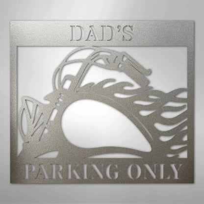 Silver steel "Dad's Parking Only" sign with a classic motorcycle design.