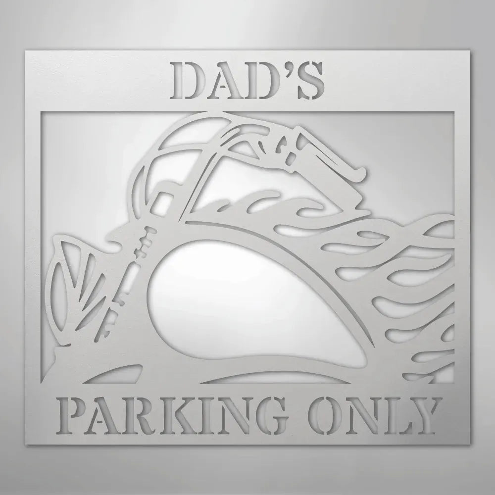 Silver steel "Dad's Parking Only" sign with a classic motorcycle silhouette and flame design.