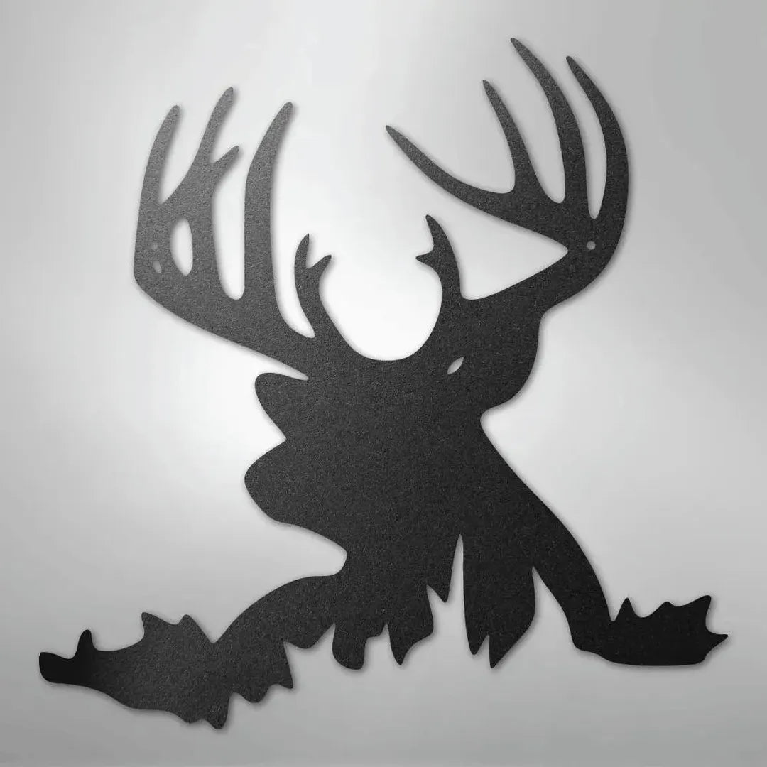 Black metal deer head wall art with large antlers, suitable for indoor or outdoor decor.
