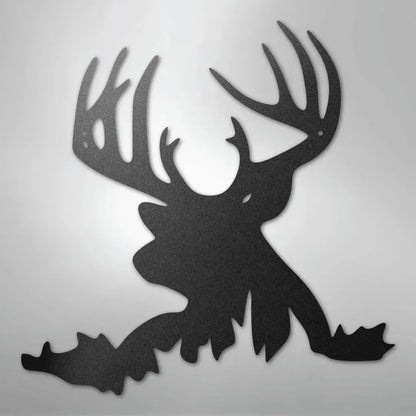 Black metal deer head wall art with large antlers, suitable for indoor or outdoor decor.