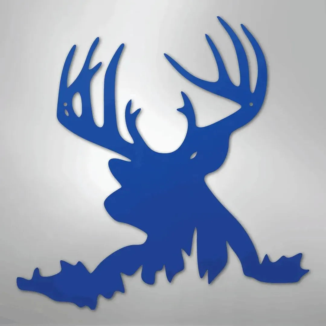 Blue metal deer head wall art with large antlers, perfect for indoor or outdoor custom decor.