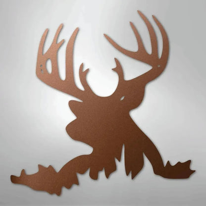 Copper deer head metal wall art with large antlers, suitable for indoor or outdoor decor.