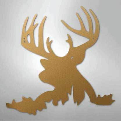 Gold metal deer head wall art with large antlers, suitable for indoor or outdoor decor.