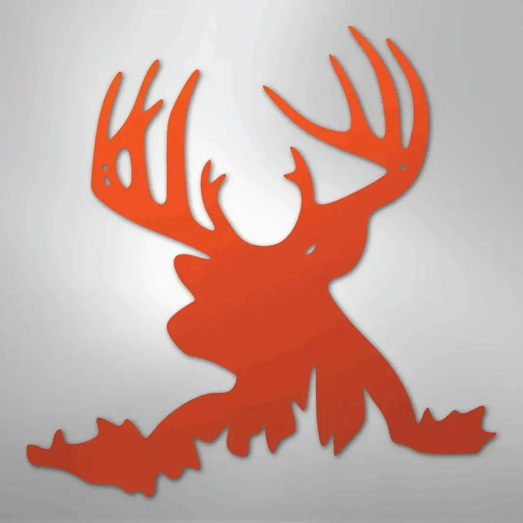 Orange metal deer head wall art with large antlers, powder-coated for indoor/outdoor display.