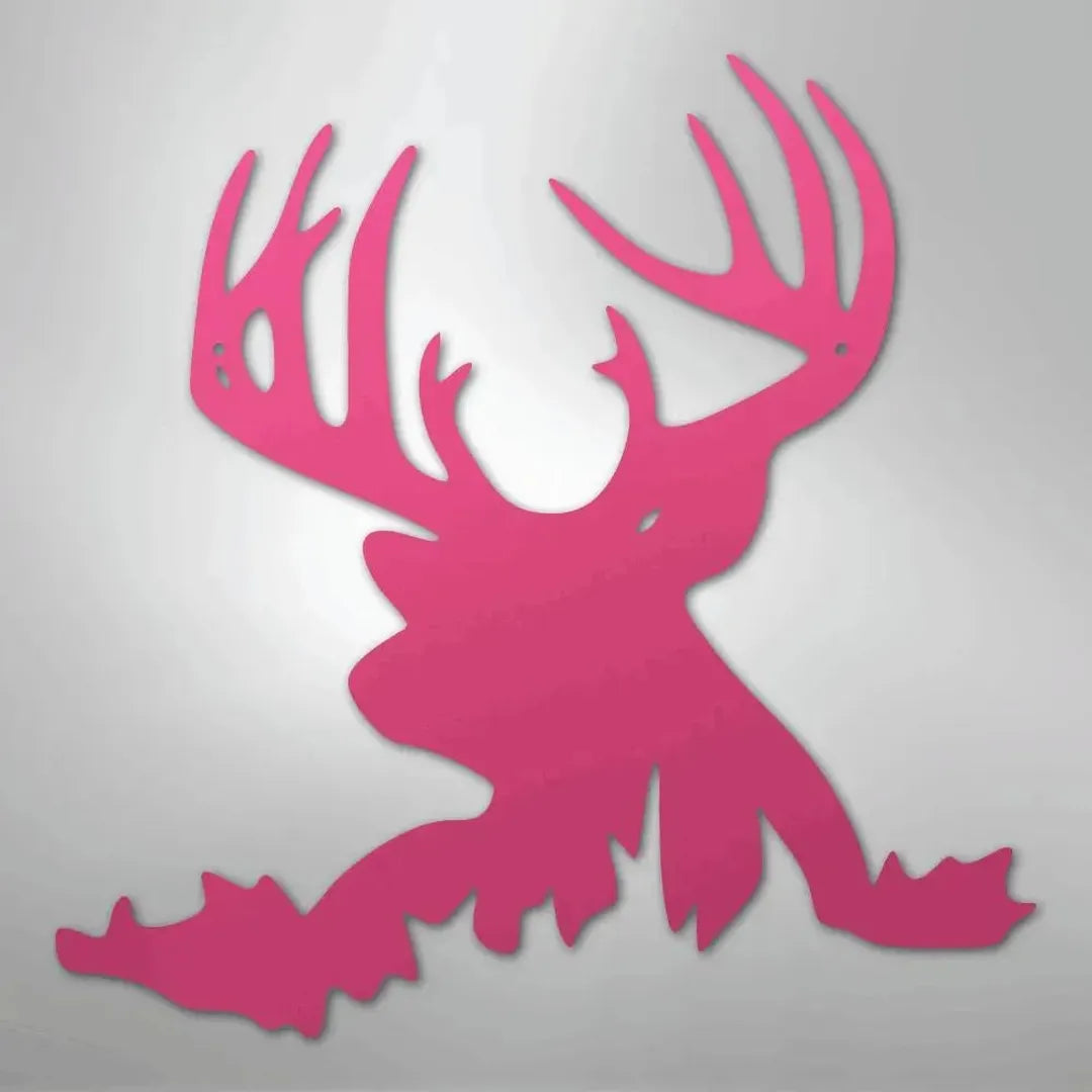 Pink metal deer head wall art with antlers, made from American steel, suitable for indoor/outdoor decor.