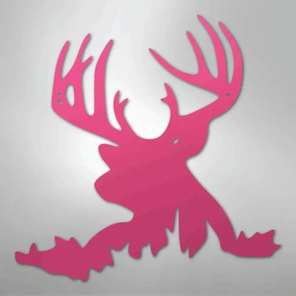 Pink metal deer head wall art with antlers, made from American steel, suitable for indoor/outdoor decor.