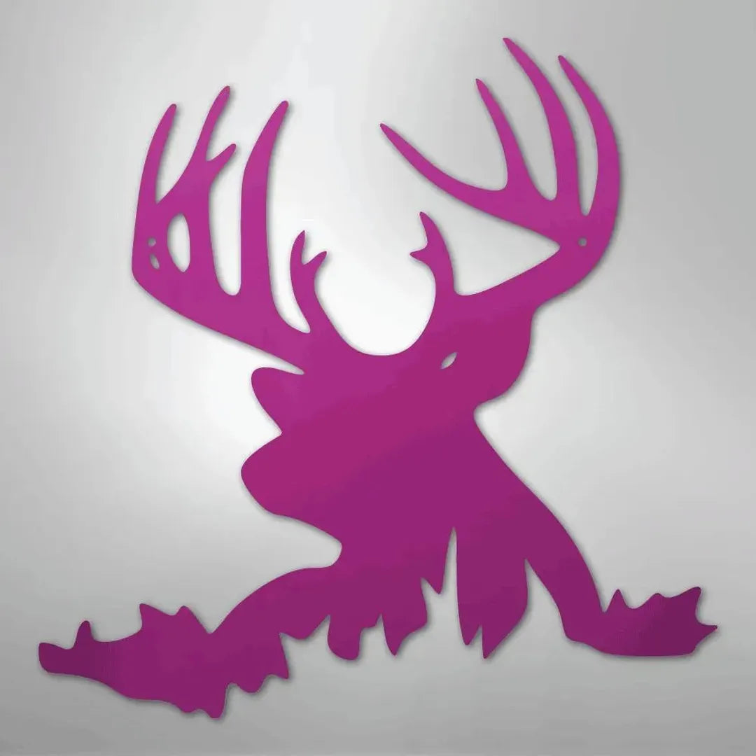 Pink deer head metal wall art with large antlers, suitable for indoor or outdoor decor.