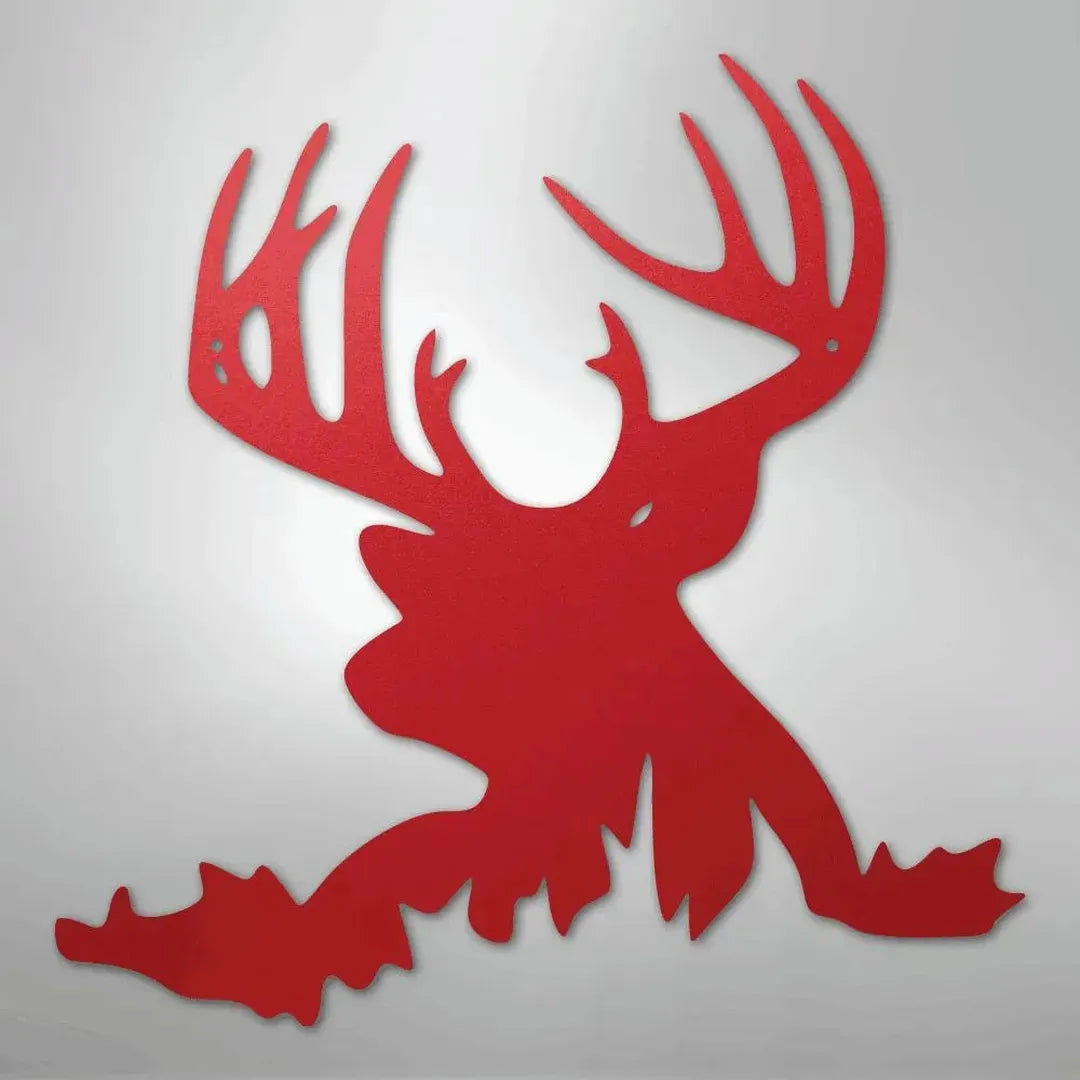 Red metal deer head wall art with large antlers, suitable for indoor or outdoor decor.