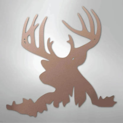 Copper metal deer head wall art with large antlers, suitable for indoor or outdoor decor.