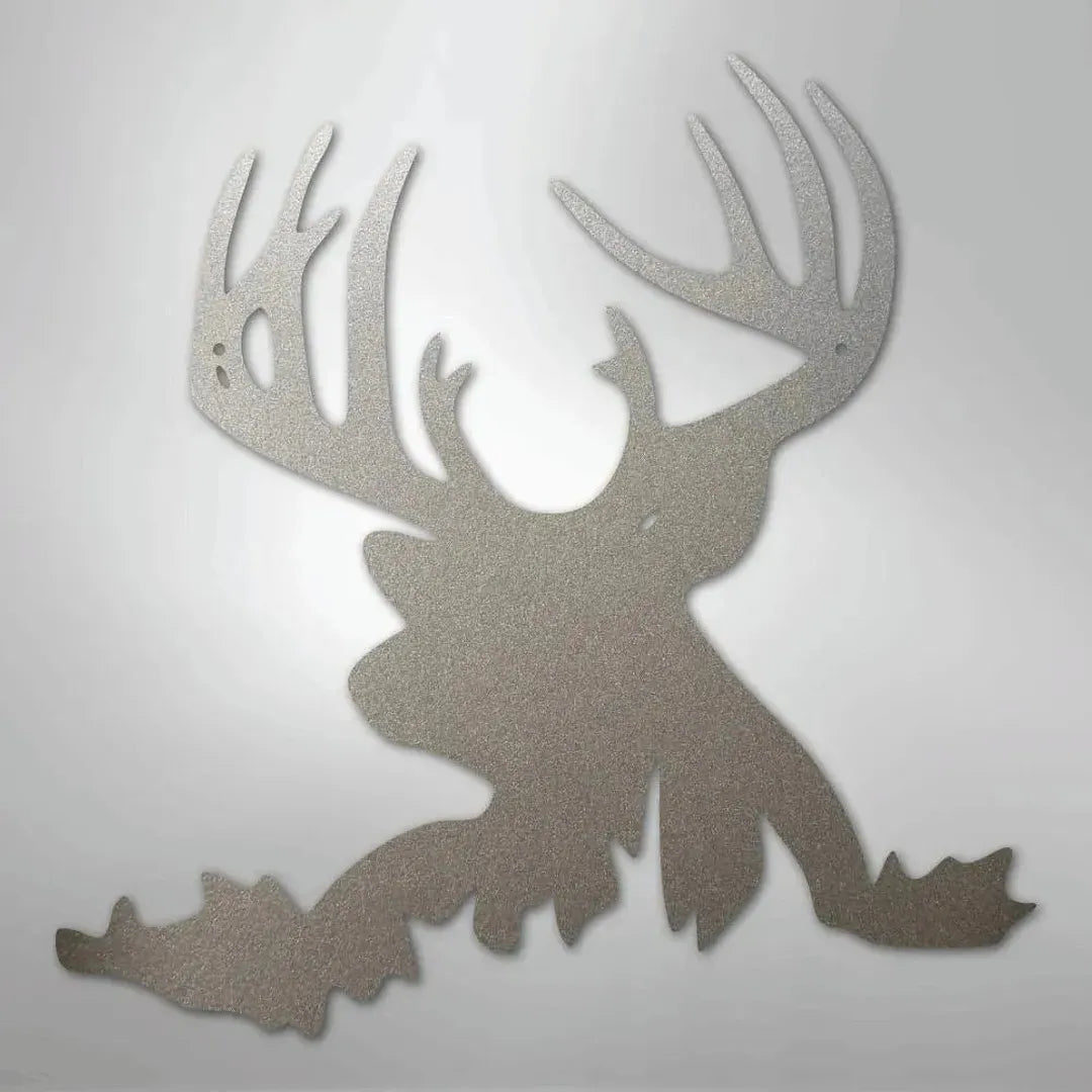 Silver deer head metal wall art with large antlers, suitable for indoor or outdoor decor.