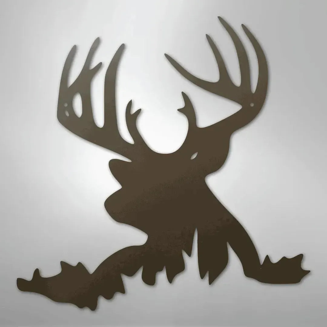 Brown metal deer head wall art with large antlers, suitable for indoor or outdoor decor.