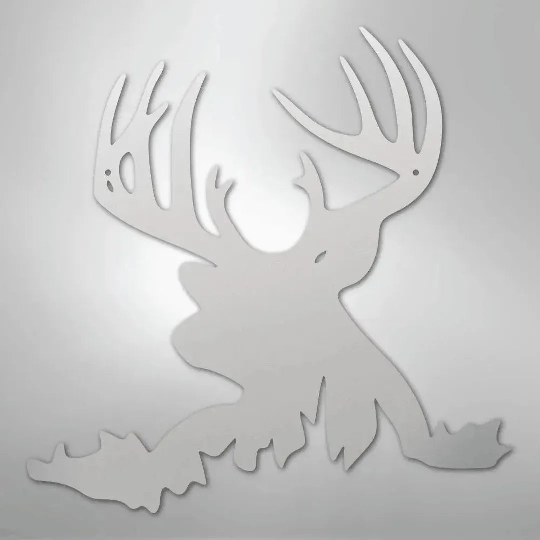 White powder-coated metal deer head wall art with antlers, suitable for indoor or outdoor decor.