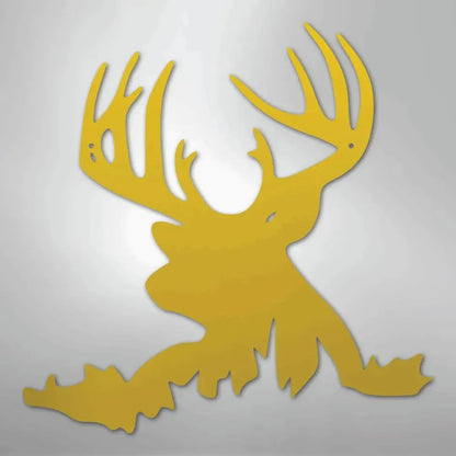 Gold metal deer head wall art with antlers, custom decor for indoor or outdoor display.
