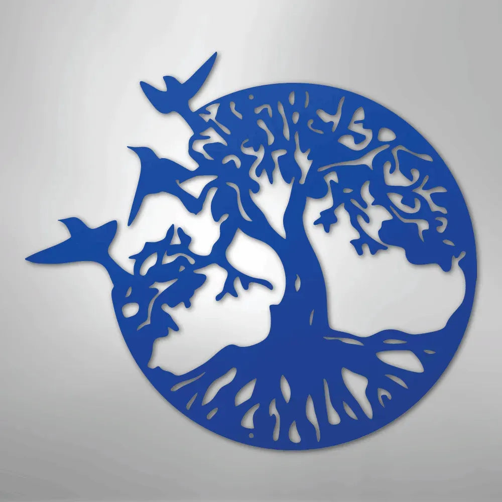 Blue metal tree of life wall art with birds flying from a circular design.