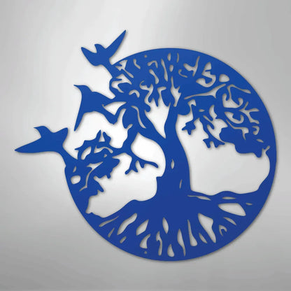 Blue metal tree of life wall art with birds flying from a circular design.
