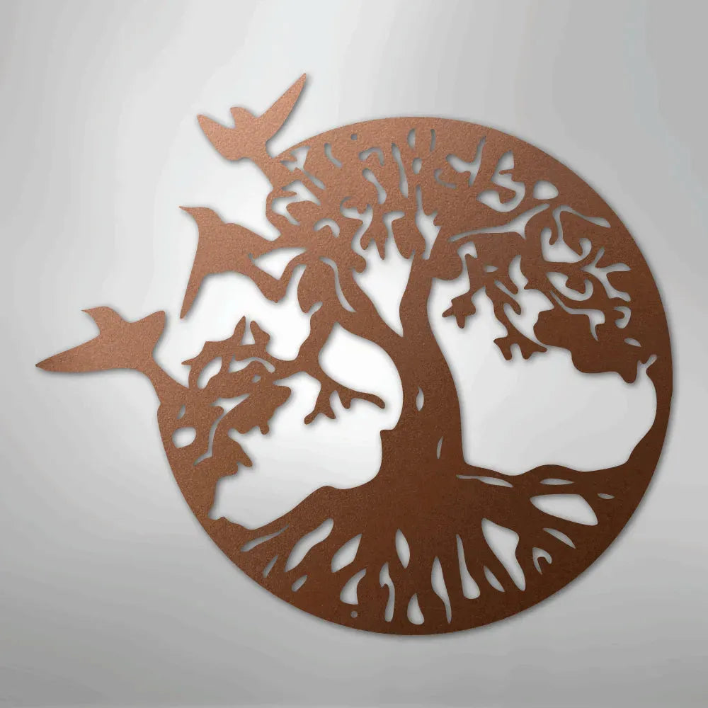 Copper metal wall art featuring a tree of life design with three birds flying around it.