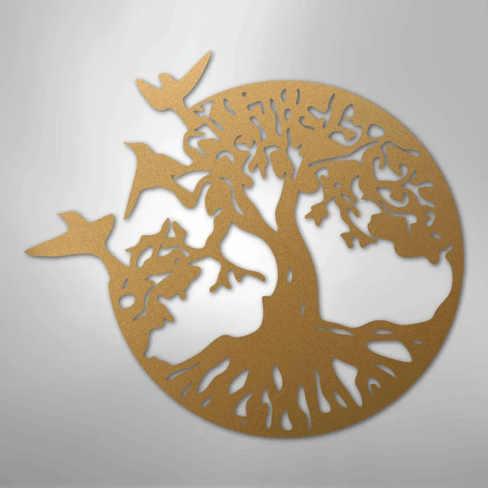 Gold metal wall art featuring a circular tree design with birds flying around it.