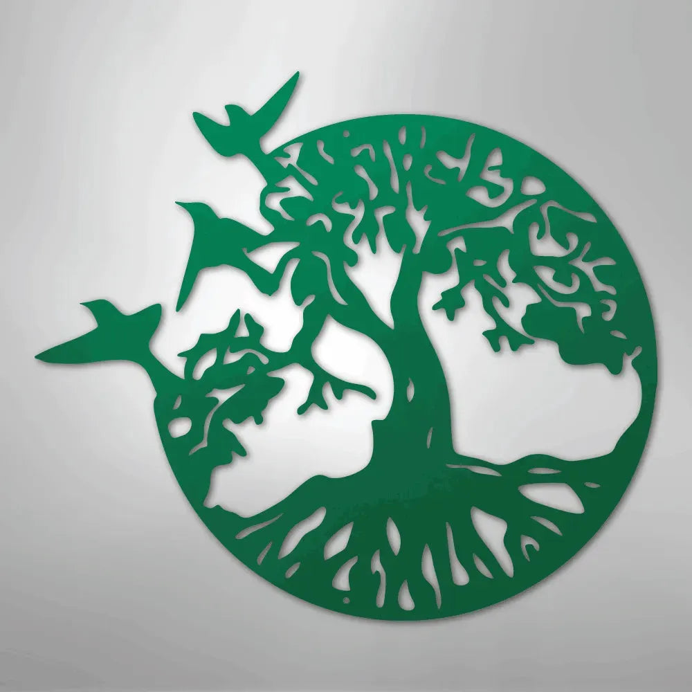 Green metal "Take Flight Tree" wall art with birds flying from a circular tree design.