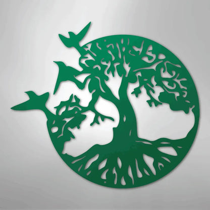 Green metal "Take Flight Tree" wall art with birds flying from a circular tree design.