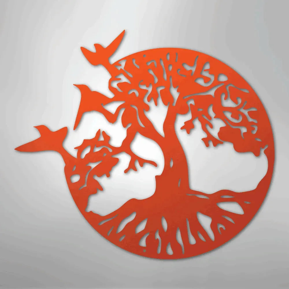 Orange metal "Take Flight Tree" wall art with birds, suitable for indoor/outdoor home decor.