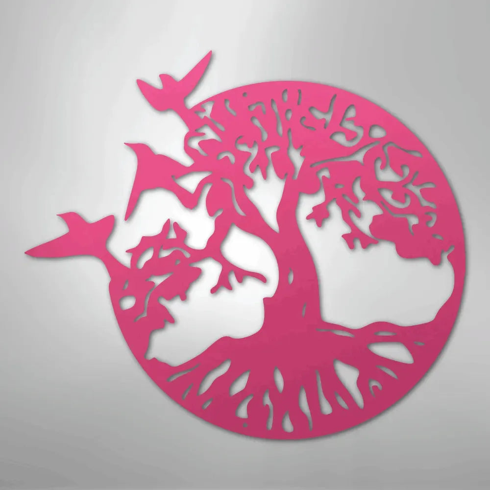 Pink metal wall art depicting a tree of life with birds flying around a circular design.