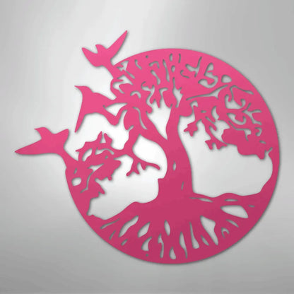 Pink metal wall art depicting a tree of life with birds flying around a circular design.