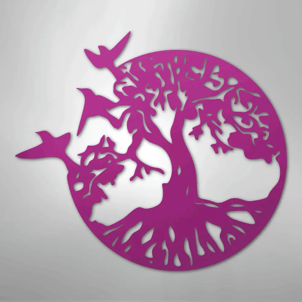 Purple metal tree of life wall art with birds flying from its branches.