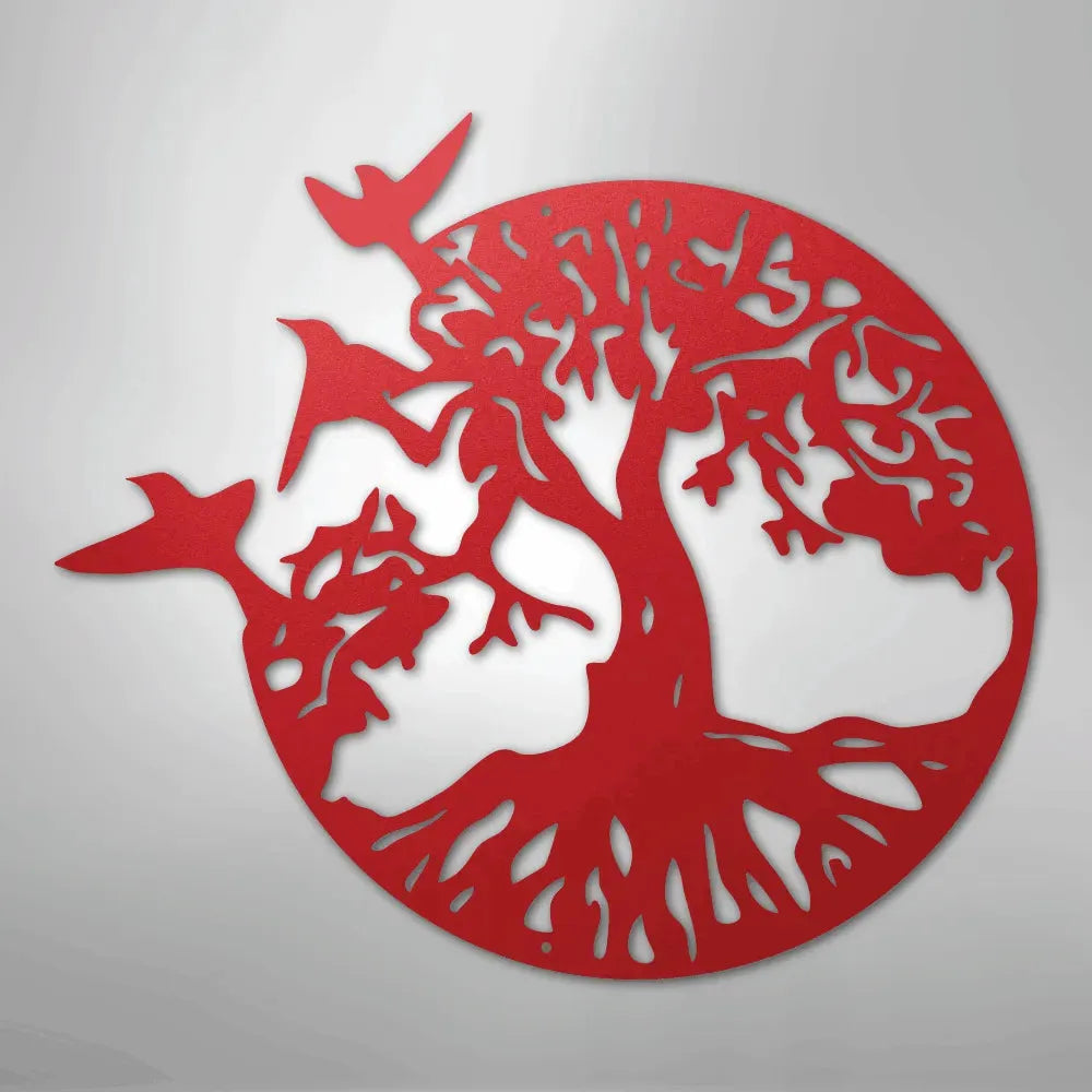 Red metal "Take Flight Tree" wall art, featuring a tree of life design with three birds flying from its branches.