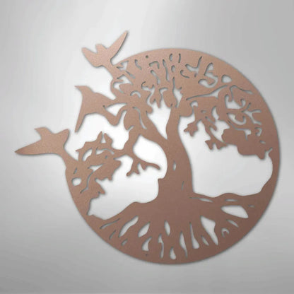 Copper metal wall art depicting a tree of life with birds in flight, a circular design.