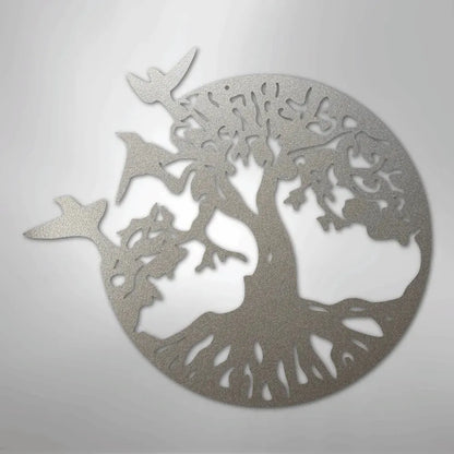 Silver metal "Take Flight Tree" wall art with birds, featuring a detailed tree of life design.