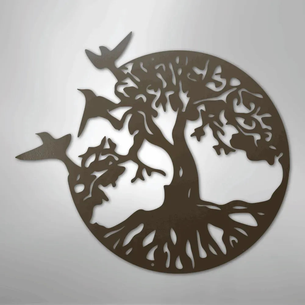 Black metal tree of life wall art in a circular design with three birds flying away.