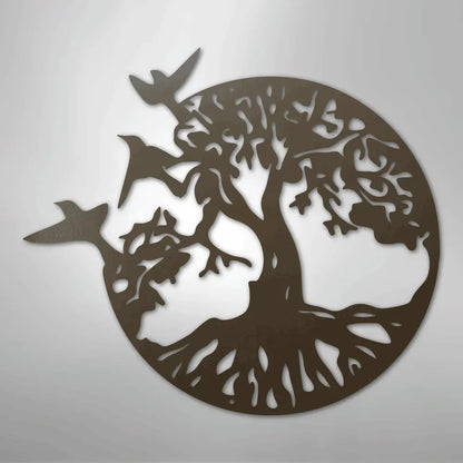 Black metal tree of life wall art in a circular design with three birds flying away.