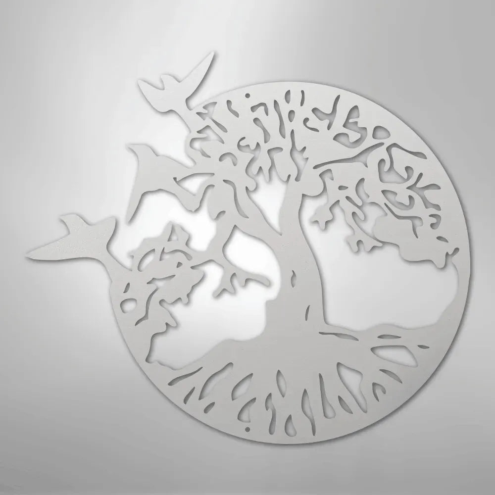 White metal tree of life wall art with flying birds, perfect for indoor or outdoor home decor.