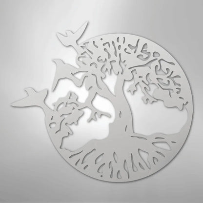 White metal tree of life wall art with flying birds, perfect for indoor or outdoor home decor.