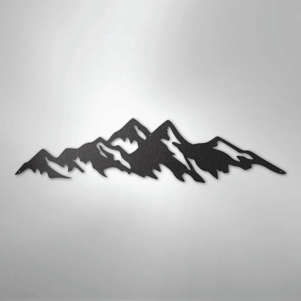 Black metal wall art depicting a mountain range silhouette, crafted from American steel.