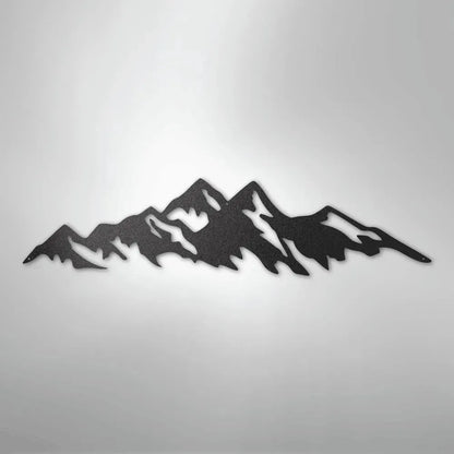 Black metal wall art depicting a mountain range silhouette, crafted from American steel.