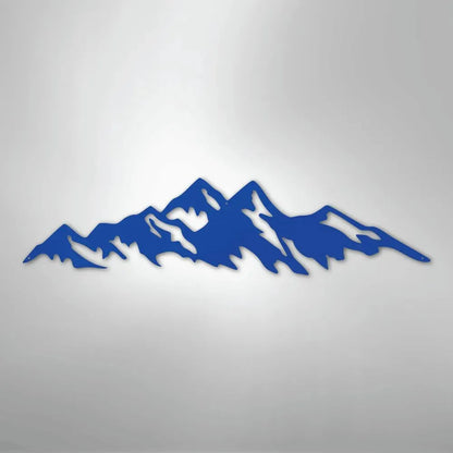 Blue metal wall art depicting a jagged mountain ridge silhouette, ideal for indoor or outdoor decor.